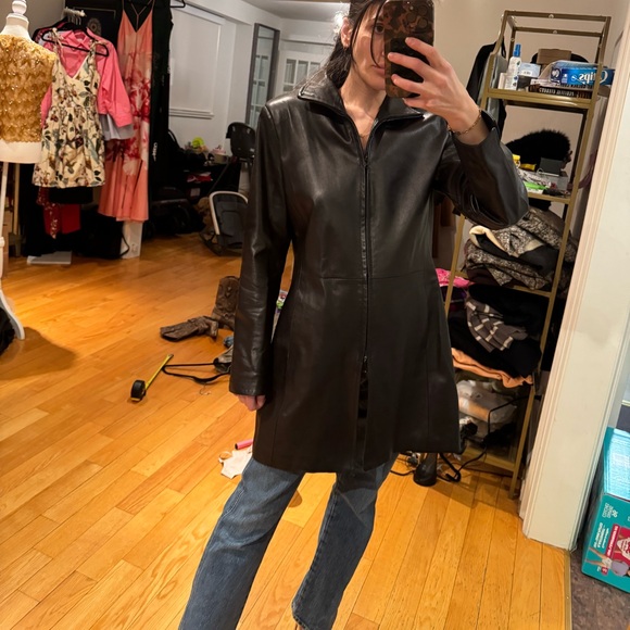 Vintage handmade Giotto Italy Black Leather Zip Coat Tailored Runway Jacket 46 - Picture 2 of 12